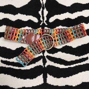 Rainbow Multicolored Woven Leather Wide Fiesta Boho Belt Size Large